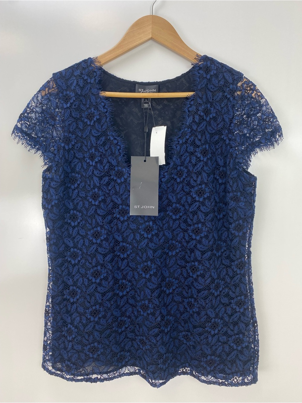 St. John Royal Blue Floral Lace Cap-Sleeve Blouse